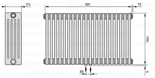 Схема (чертеж) Радиатор Zehnder Charleston 5110/20 №5410 Белый глянцевый RAL 9016